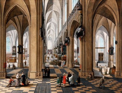 Interior de una iglesia con figuras elegantes paseando y figuras asistiendo a misa de Peeter the elder Neefs